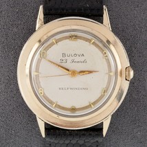 Bulova 10k Rolled Gold Plate Self-Winding Men&#39;s Watch w/ Black Leather Band - £486.58 GBP
