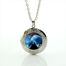Silhouette Wolf Moon Cabochon LOCKET Pendant Silver Chain Necklace USA Ship #35 - £11.99 GBP
