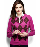 Lands End Women&#39;s Supima Argyle Cardigan Sweater Raspberry New - $756.95 MXN