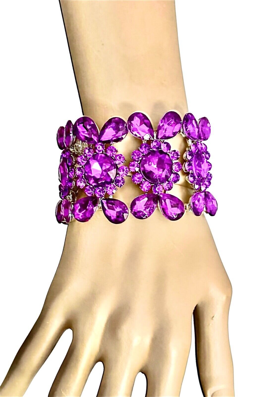 1.75" W purple Crystals Silver Tone Chunky Oversized Party Evening Bracelet - $28.50
