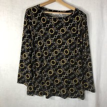 Susan Graver Size 1x Black w Gold Yellow Chains Print Knit Top Shirt Polyester - £19.75 GBP