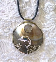 Mother of Pearl Pendant ~ Circle ~ 18kgp Rim Dolphin &amp; Seaweed Design ~ 2.75&quot; - £23.59 GBP