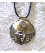 Mother of Pearl Pendant ~ Circle ~ 18kgp Rim Dolphin & Seaweed Design ~ 2.75" - £23.98 GBP