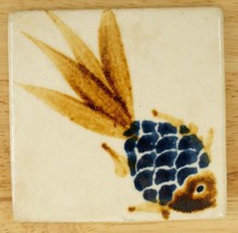Art Pottery Asian Cobalt Blue &amp; Brown Hand Painted FISH Tile Coaster 3.5... - $12.61
