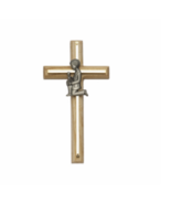 7.75&quot; OAK AND SCREENED BRASS CROSS WITH PEWTER FIRST COMMUNION BOY KNEELING - £39.49 GBP