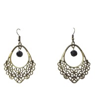 Vintage-Style Brass Filigree Teardrop Earrings With Black Beads &amp; Fishho... - $13.86