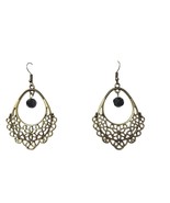 Vintage-Style Brass Filigree Teardrop Earrings With Black Beads &amp; Fishho... - $13.86