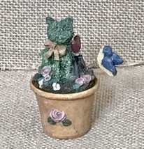 Whimsical Kitty Cat Topiary &amp; Bouncy Bluebird In Flower Pot Figurine Ecl... - $9.90
