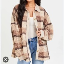 Altar&#39;d State Shacket Oversized Sherpa Fleece Brown Tan Plaid Outdoors W... - $19.59