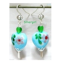 Hand Painted Glass Heart Dangle Earrings Lavender Red Aqua Blue Yellow Green - £7.20 GBP
