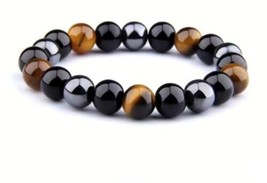 Natural Black Obsidian Hematite Tiger Eye Stone Combination Bracelet NWT - £26.05 GBP
