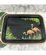 Vintage Mid Century Flamingo Birds Metal Tray Black Pink Tropical Palms ... - $26.72