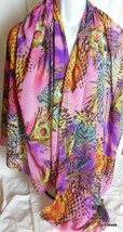 Scarf Sarong Wrap 76 x 44&quot; Pink Feather Print Embellished with Sequins - $32.08