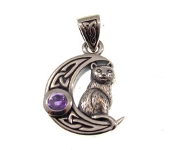 Solid 925 Sterling Silver Celtic Crescent Moon Cat Pendant Amethyst or Moonstone - £39.36 GBP