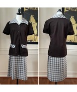 Vintage 70s Brown Plaid Skirt Button Front Short Sleeve Wide Collar 10 - $39.68 CAD