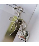 Silver Heart Bow Bag Charm Keychain Key Ring - $263.43 MXN