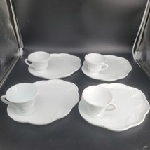 4 Indiana Milk Glass Oblong Lunch Snack Plate &amp; Footed Cup Sets Harvest ... - £22.21 GBP