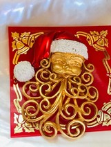 Estate JJ Signed Large Goldtone &amp; Enamel Santa Claus Head with Curlicue Beard Ch - £19.25 GBP