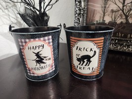 Vintage Style Witch Black Cat Halloween Tin Bucket Pails Treats Decor 2 - £11.98 GBP