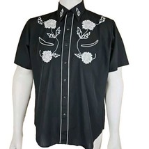 Karman Western Shirt Mens L Pearl Snap Embroidered Black Short Sleeve Vi... - $55.27