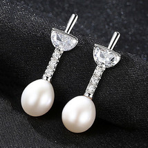 Sterling Silver Eardrops Inlaid 3A Zircon Freshwater Pearl Geometric Wom... - $30.00