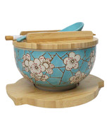 Blue Spring Blossoms Donburi Ramen Bowl With Lid Trivet Spoon Chopsticks... - $55.33 CAD