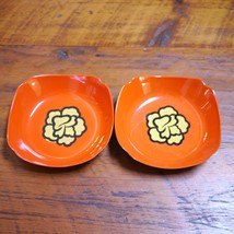 Pair Vtg Japanese Lacquered Orange Gold Flowers Square Serving Bowls Dishes - £23.68 GBP