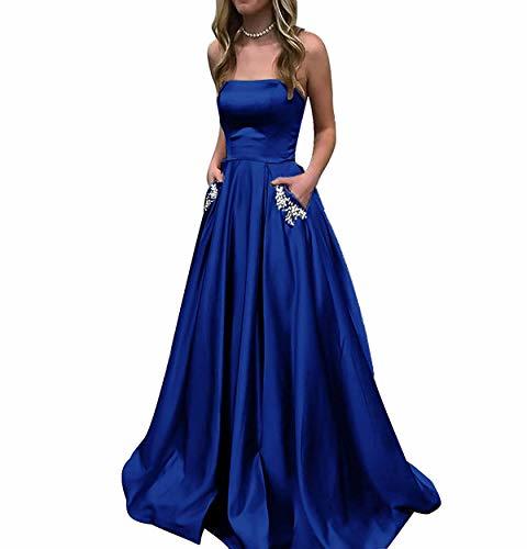Kivary Beaded Pockets A Line Satin Long Formal Prom Dress Evening Gown Royal Blu