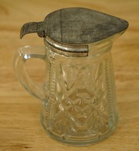 Vintage Kitchen Glass &amp; Metal SYRUP PITCHER 4.25&quot; Tall Anchor Hocking - $14.84