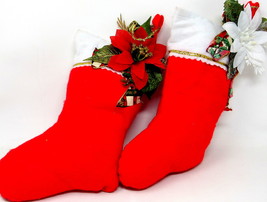 2 Red Christmas Stocking Stuffed 12&quot; Poinsettias Soft Felt White Trim US Seller - £15.05 GBP