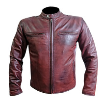 Maroon Leather Jacket Men Pure Cowskin Biker Racer Coat with Armor Protection - £167.85 GBP