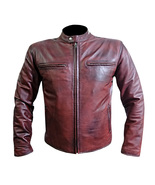 Maroon Leather Jacket Men Pure Cowskin Biker Racer Coat with Armor Protection - $209.99