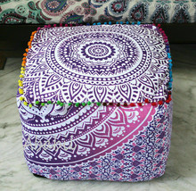 18&quot; Large Indian Mandala Cotton Square Ottoman Pouf Cover Footstool Seating Pink - £20.34 GBP