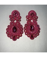 Elegant Hot Pink Fabric Earrings Crystals Stones Dangle Drop Handmade Elegant