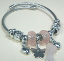 Rose Quartz Gemstone-Bangle-Bracelet-European Style large hole Beads- #487 - £9.25 GBP