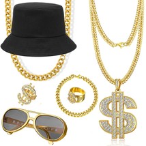 GIFIKOI 90s Hip Hop 80s Costumes Kit for Men Chunky Gold Dollar Sign Necklace Ra - £25.12 GBP