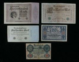 1910-1923 Germany 5-Notes Set 20 Mark to 100,000 MARK Empire &amp; Weimar - £39.74 GBP