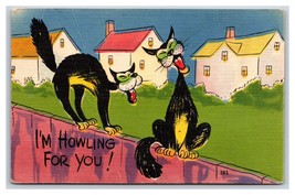 Comic Black Cats on Fence Howling For You UNP Linen Postcard U7 - £3.07 GBP