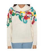 Vintage 80s Cream Shawl Collar Pink Green Embroidered Flower Knit Sweate... - $38.74 CAD