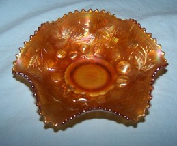 Northwest Marigold Stippled Fruit and Flowers Ruffled Carnival Glass Bowl-6 inch - £12.30 GBP