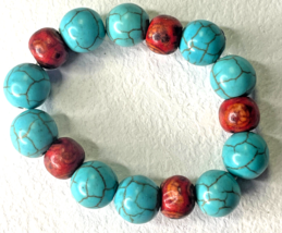 Blue Dyed Howlite and Red Jasper Gemstone Stretch Bracelet Faux Turquoise - $14.84