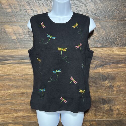 Carole Little Sleeveless Sweater Top Womens Medium Black Dragonfly’s Emb... - $16.10