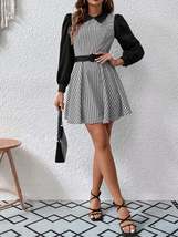 Retro Vintage Long Sleeve Houndstooth Patchwork Swing High Waist Autumn A-Line F - £40.68 GBP