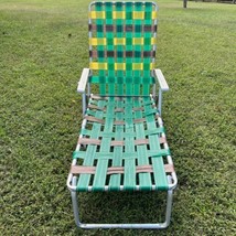 Vintage Aluminum Webbed Folding Beach Lawn Chair Chaise Lounge Yellow/Green - £59.16 GBP
