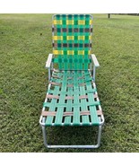 Vintage Aluminum Webbed Folding Beach Lawn Chair Chaise Lounge Yellow/Green - £58.48 GBP