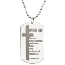 Man of God Pursuing 1 Timothy 6.11 Engraved Dog Tag Bible Necklace  Stainless S - £37.62 GBP+