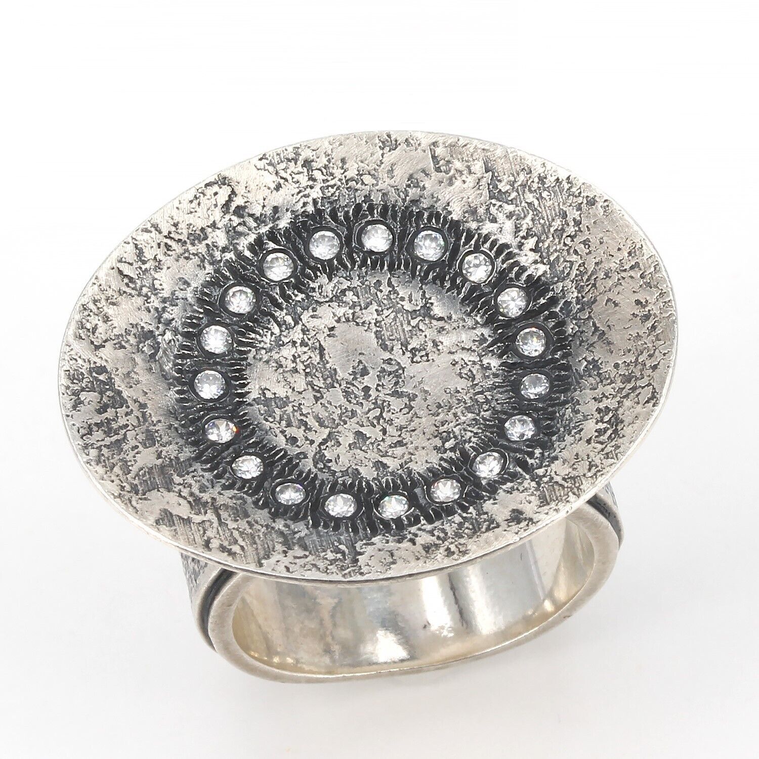 Primary image for Retired Silpada Textured Oxidized Sterling CZ COSMIC Disc Ring R1977 Size 7.25