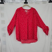 Jones Wear Women Blouse Extra Large Red White Black Polka Dot Roll Tab Sleeve - $12.79