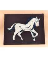 Horse Yarn Art Completed White Black on Brown Frabric Textile Art 20&quot; X 15&quot; - $15.79