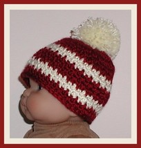 Burgundy Baby Boys Beanie Cream Newborn Infant Stripes With A Fuzzy Pompom - £7.82 GBP